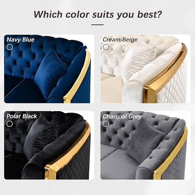 Golden Trimmed Chesterfield Sofa for Living Room Modern Elegant 81'' Button Tufted Curved Arm Velvet Couch with Golden Legs for Lounge Extra Higher Backrest Easy Assembly Cream Beige