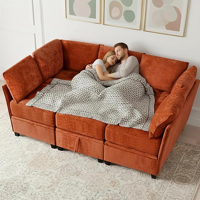 smilesun Oversized Modular Sectional Sofa with Storage Under Each Seat U-Shaped Chenille Sectional with Extra Deep and Wide Seats Convertible Comfy Couch for Living Room（Orange U-Shaped Couch）