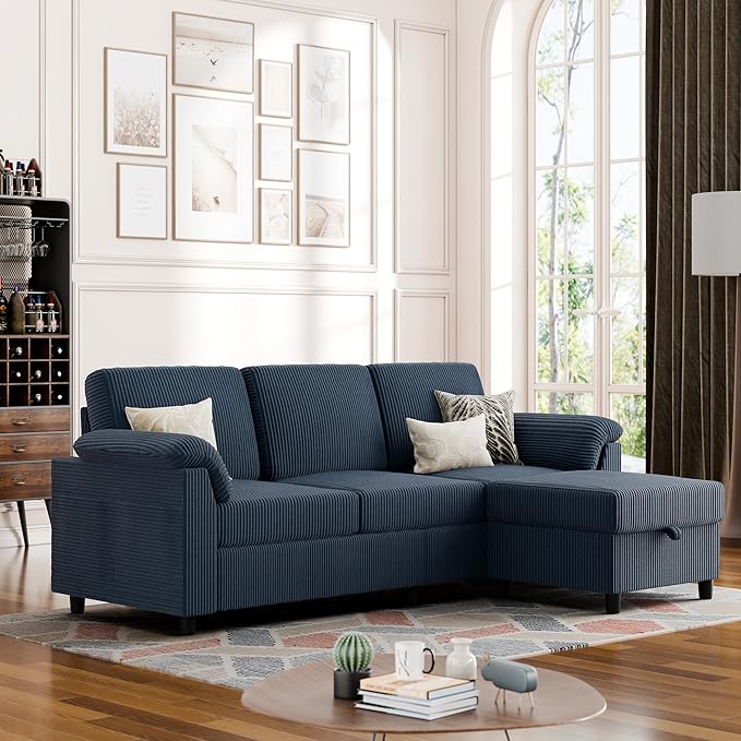 Vongrasig Convertible Sectional Sofa Couch 3 Seat L Shaped Sofa with Removable Pillows Soft Corduroy Fabric Small Couch Mid Century for Living Room Apartment and Office (Blue)