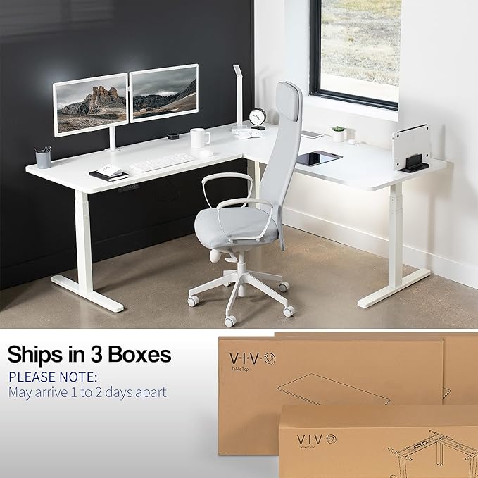 VIVO Electric Height Adjustable 77 x 71 inch Corner Stand Up Desk 2 White 30 inch Deep Table Tops White Frame Memory Controller L-Shaped Workstation 3E Series DESK-KIT-3E7W