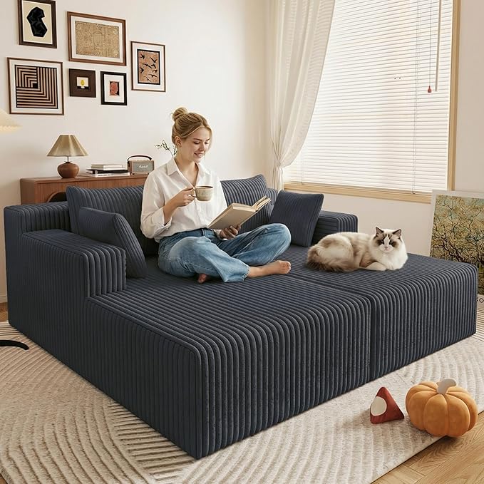 71 Oversized Chaise Lounge ChairSectional Double Lounge Chaise with PillowsUpholstered Corduroy Boneless Lounge ChairFluffy Modern Loveseat Sleeper Sofa for Living Room Bedroom(Dark Grey)