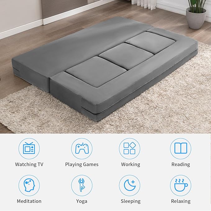 PUREMIND Velvet Folding Sofa Bed Upholstered Floor Sofa Bed with 3 Ottomans Fold Out Couch Bed with High-Density Foam Convertible 2-in-1 Foldable Sleeper Sofa for Guest Bedroom Living Room