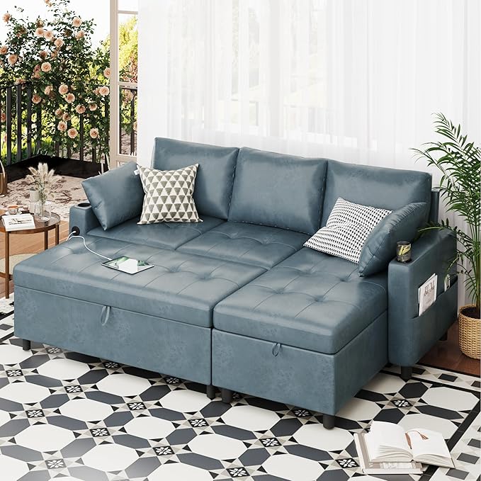 Sleeper Sofa Couch with Pullout Bed 83.5 L-Shaped Convertible Sofa with Storage Chaise USB Ports &amp Cup Holders Faux Leather Sectional for Living Room Dark Blue