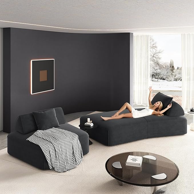 139 Modern Curved Sofa Cloud Sectional Couch with Adjustable Backrest Oversized Deep Seat Compressed Couch for Living Room Apartment No Assembly Required Chenille Fabric (Dark Grey)