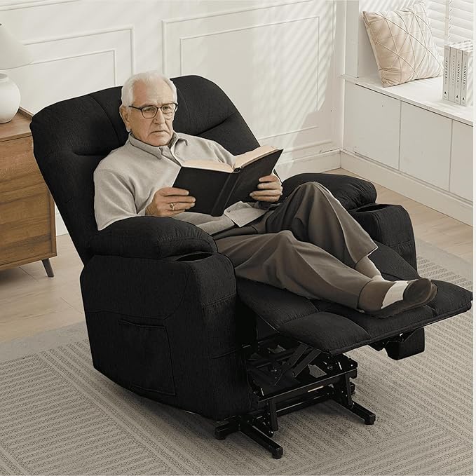 Power Recliner Chair with Massage and Heating Electric Recliner Chair for Elderly and Adults Power Lift Recliner with Remote Control and Cup Holders for Living Room Linen Fabric Black