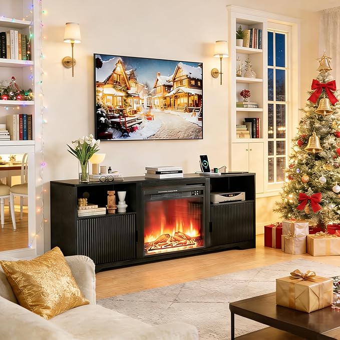 Fireplace TV Stand for Television up to 80 InchEntertainment Center with Adjustable ShelfMid-Century Modern Fluted TV Stand with 23 Electric FireplaceMedia Console for Living RoomBedroom