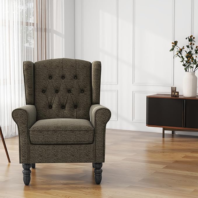 UIXE High Back Accent Chair Fabric Upholstered Armchair Retro Wingback Arm Chair for Living Room Comfy Single Sofa Bedroom Reading Seat with Solid Wood Legs - Tan Taupe