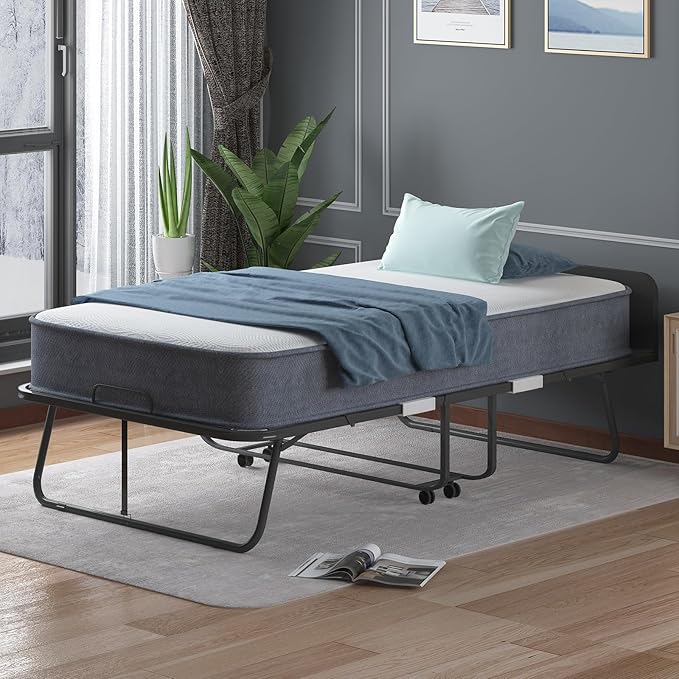 PUREMIND Rollaway Bed with Mattress for Adults Twin Size Folding Bed with 5” Foam Mattress Portable Foldable Guest Beds - Sturdy Metal Frame &amp Dustproof Bag Hideaway (75 x 31)