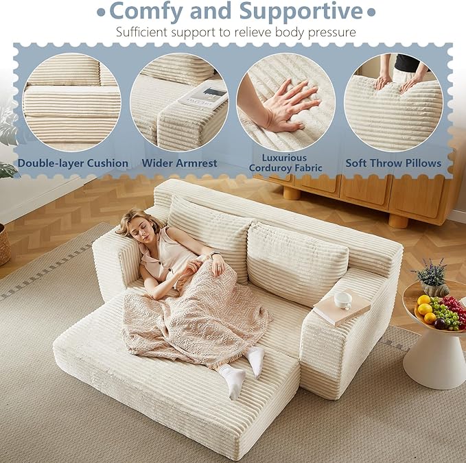 70.87 Loveseat Sofa Bed - Corduroy Upholstered Comfy Deep Seat &amp Modern Design - Small Space Friendly No Assembly Needed - Ideal for Living Room Bedroom Apartment Home Office Beige