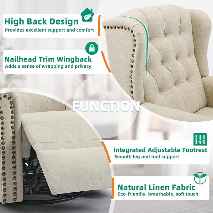 VIVIJASON Power Swivel Rocking Recliner Chair with Massage &amp Heat Electric Rocker Nursery Glider Chair Wingback Tufted Upholstered Recliner W/Type-C &amp USB Ports for Living Room Bedroom Bei