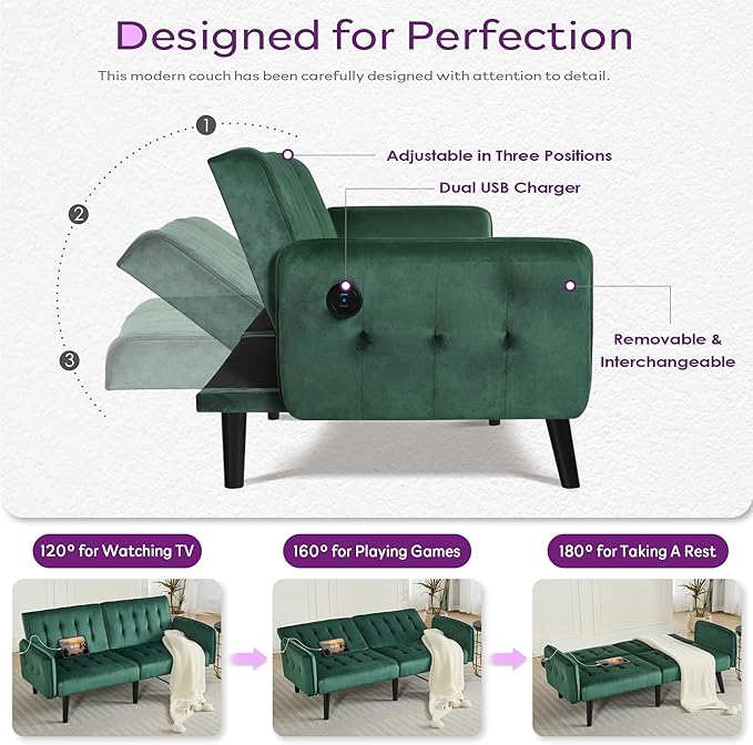 TYBOATLE 65 W Velvet Modern Convertible Folding Futon Couch Sofa Bed w/ 2 USB Charging Ports and arms Loveseat for Living Room Office Apartment Bedroom (Green)