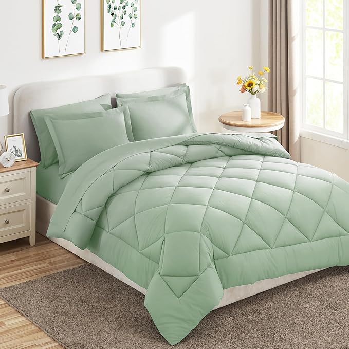 CozyLux Twin XL Comforter Set Sage Green - 5 Pieces Twin Extra Long Bed in a Bag for College Dorm All Season Bedding Set for Girls and Boys Soft Bed Set with Comforter Sheets Pillowcase &amp Sham