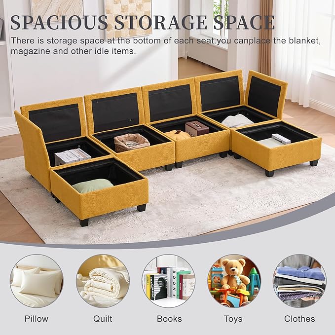 U Shaped Modular Sectional Sofa Couch with Storage Ottoman 6 Seat Convertible Upholstered Deep Seat Sofa with Chaise Lounge Comfy Cloud Couch for Living Room Mustard Yellow