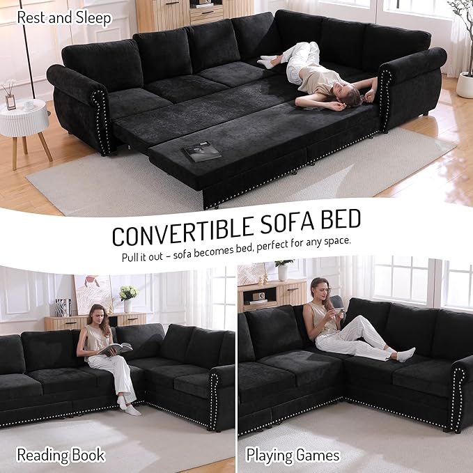 118 Sleeper Sofa Bed Sectional Couches for Living Room/Apartment Chenille L Shaped Couch with Pull Out Couch Bed Convertible Sectional Sofa with Rolled Arm &amp Nailhead Trim Black