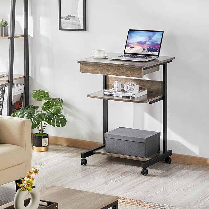 Topeakmart Rolling Computer Desk for Small Spaces Laptop Computer Desk with Wheels Mobile Standing Desk Compact Student Bedside Table Taupe Wood