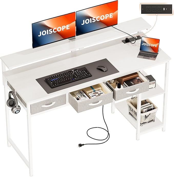JOISCOPE Home Office Desk with Power Outlets (3AC USB Type-C) 55 × 20 Inch Computer Desk with 3 Drawers &amp Shelves Laptop Table with Display Riser Gaming Study Drafting Table for Bedroom Whit