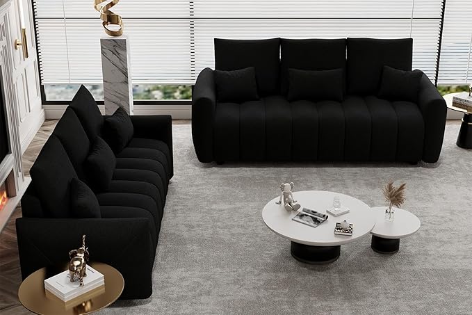 2 Piece Cloud Couch Sofa for Living Room 78 3-Seater Oversized Teddy Sectional Couches with Pillows and Back Cushions Comfy Modern Deep Seat Oversized Sofa for Bedroom Apartment Black