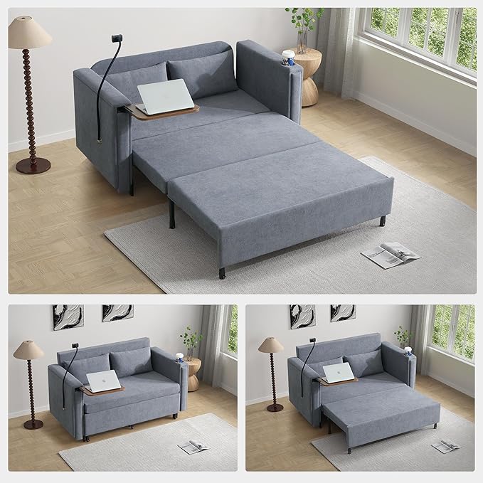 ORRD Pull Out Sofa Bed 2-in-1 Multi-Functional Sleeper Couch Small Loveseat Bed with Hidden Side Table Phone Holder and Cup Holder for Living Room Small Space Apartment (Grey)