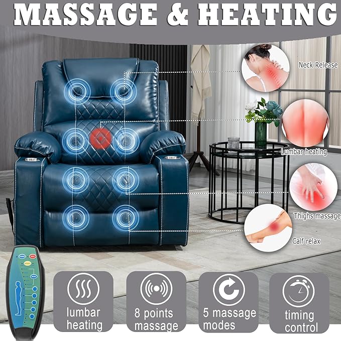 Large Power Lift Recliner Chair Sofa with Massage and Heat for Big and Tall ElderlyInfinite PositionsDual MotorCup HoldersAir Leather Home Theater Seat