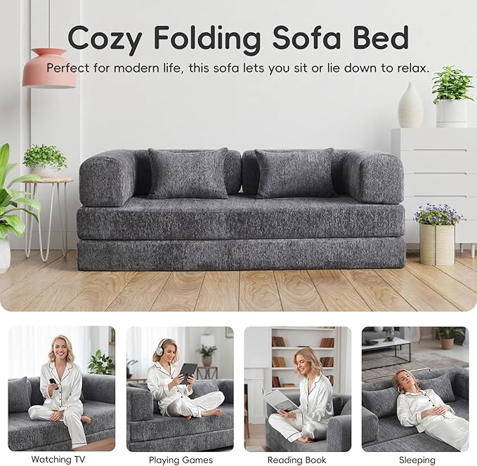 5-in-1 Convertible Folding Sofa Bed 79 Queen Chenille Boneless Couch with Removable Armrests No Assembly Loveseat Sleeper Sofa Modular Futon Couch for Living Room &amp Bedroom Dark Grey