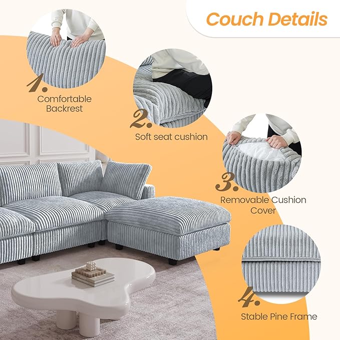 JACH 78.74 Love Seat Sectional Couches Convertable Modular Sofa with Chaise Ottoman Modern Deep Seat Couch Sofa Covers Washable Minimalist Plush Sofas for Living Room Apartment Light Grey
