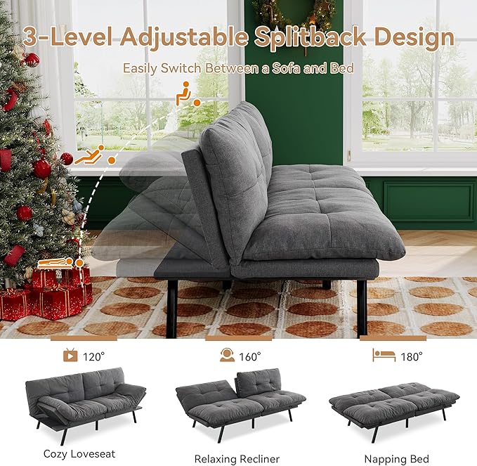 Convertible Futon Sofa Bed71 Modern Fabric Futon Couch with Adjustable Backrest&ampArmrestSmall Loveseat Sleeper SofaDorm Futonsofa for ApartmentLiving RoomDetachable CushionsFog Grey