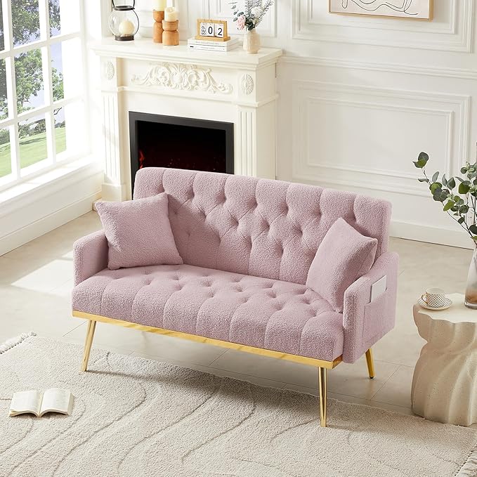 Upholstered Loveseat Sofa Modern Small Couch with Side Pocket and Golden Metal Legs Tufted Leisure Sofa for Living Room Bedroom Office Pink Teddy