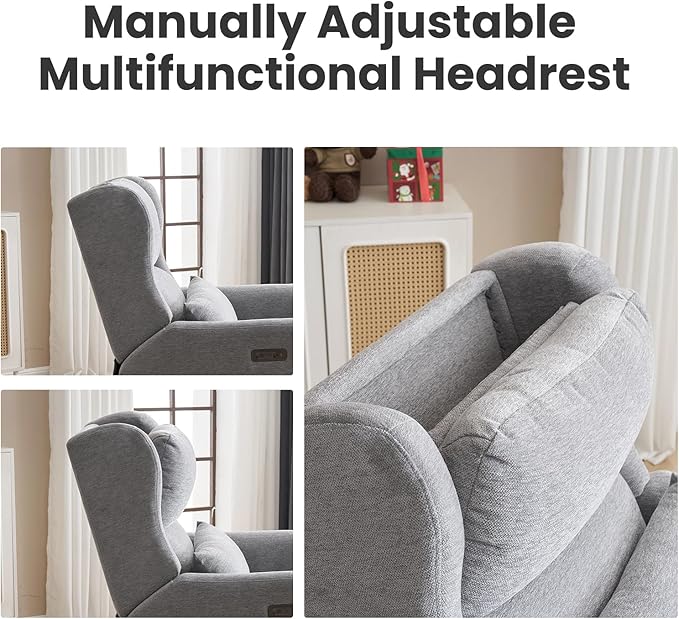 Power Recliner ChairOversized Swivel Rocker Recliner with Adjustable HeadrestNursery Rocking Chair with Lumbar Cushion for Living RoomGrey