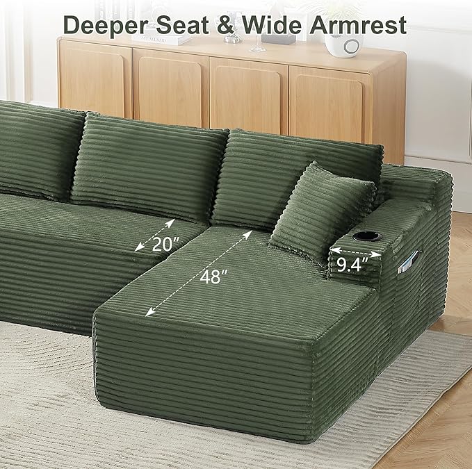 133.5 Oversized U Shaped Sectional Couch Boneless Cloud Couches for Living Room Corduroy Comfort Modular Deep Seat Sofa with Chaise Cup Holders &amp Storage Pocket No Assembly Required Green