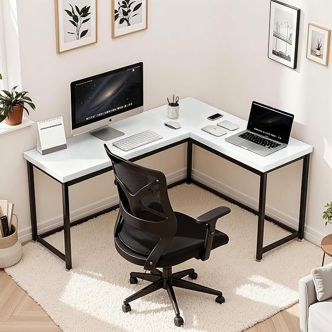 ivinta L Shaped Desk Modern Corner Home Office Computer Desk with 2 Thicker Desktop for Study Work Simple Reversible Worksation with Metal Frame for Bedroom Living Room Novas (White)