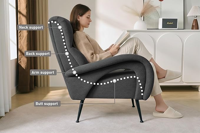 Corduroy Accent Chairs for Living Room High Back Reading Chairs for Bedroom Mid-Century Modern Comfy Upholstered Armchar for Bedroom Reading Nook Apartment Dark Grey