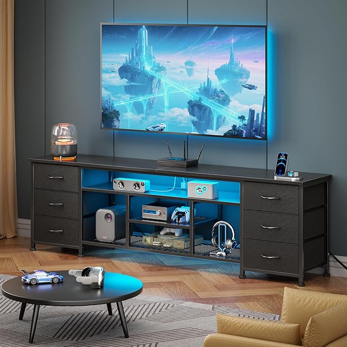 Furologee LED TV Stand for 65 70 Inch TV 63 Inch Entertainment Center with Power Outlets 6 Fabric Drawers Dresser for Bedroom Media Console with Open Shelves PU Leather Surface Black