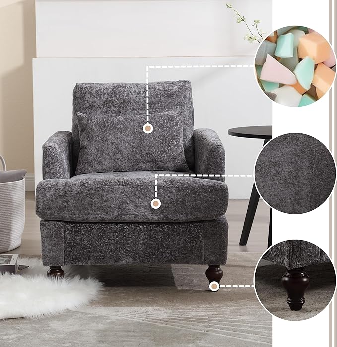 Modern Accent Chair 29'' W Comfy Chenille Tufted Lounge Armchair for Living Room Upholstered Mid Century Reading Nook Chairs Single Sofa Chair Solid Wood Frame (Grey)
