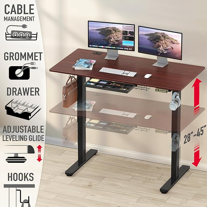 SHW 55 x 28 Inches Electric Height Adjustable Standing Desk with Drawer and Memory Preset Cherry