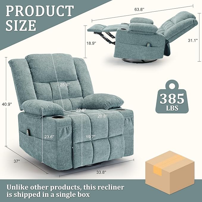 Adult 360° Swivel Rocking Recliner Nursery Rocking Chair with Massage and Heating Function Cup Holder Manually Adjustable Seat for Living Room and Bedroom (Fabric Lake Blue)
