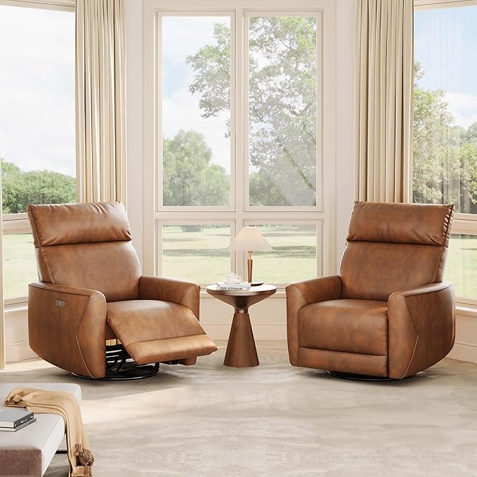 GAOMON Power Recliner Chair Swivel Glider Faux Leather Upholstered Nursery Rocker Reclining Sofa Chair with Charging Port Curved Armrests &amp Padded Backrest for Living Room and Bedroom (Light Brow