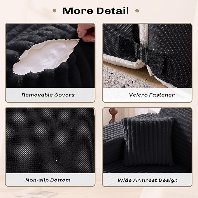Modern Curved Boneless Sofa Couch L-Shaped Corner Sofa Corduroy Upholstered Cloud Sectional Couch for Living Room Bedroom and ApartmentNo Assembly Needed(Black Left Hand Facing)
