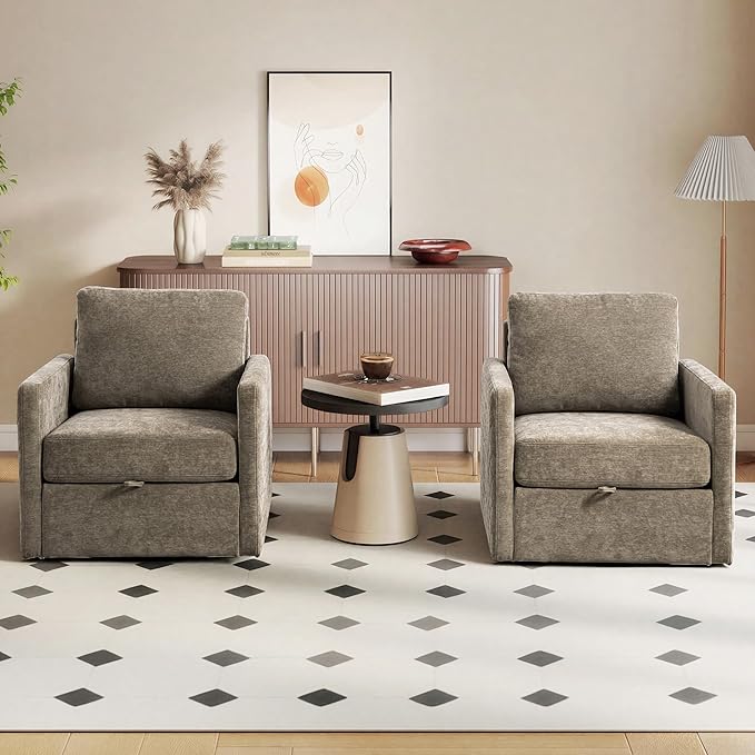 Aoiy &amp Wifon 29.5''W Swivel Accent Chair Set of 2 Comfy Modern Square Arm Chair with Hidden Storage for Living Room/Bedroom/Office Chenille Taupe