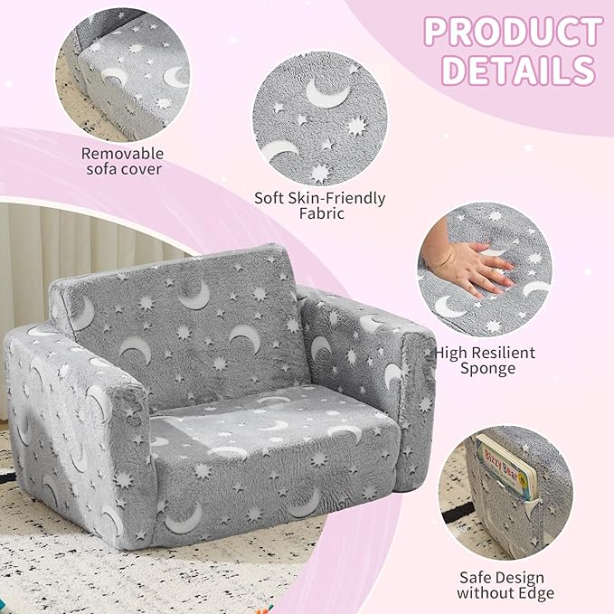 2 in 1 Glow in The Flannel Foldable Sofa BedAll-Sponge Single Chaise Lounge SofasComfy Convertible Sofa to BedPortable Floor Chair Bedswith Armrestfor Living Room Bedroom Apartment (Light Grey)