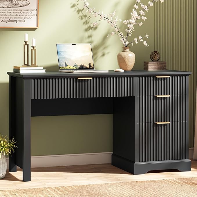 Vabches Fluted Executive Desk with Drawers Wood Computer Desk with Ample File Drawer Home Office Desk with Storage for Study Bedroom Living Room Black