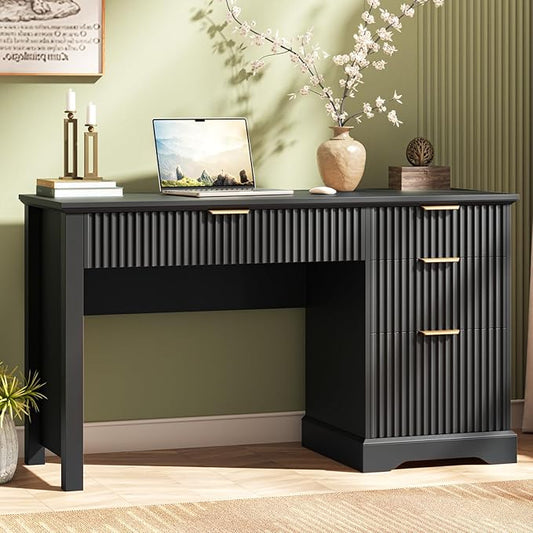 Vabches Fluted Executive Desk with Drawers Wood Computer Desk with Ample File Drawer Home Office Desk with Storage for Study Bedroom Living Room Black