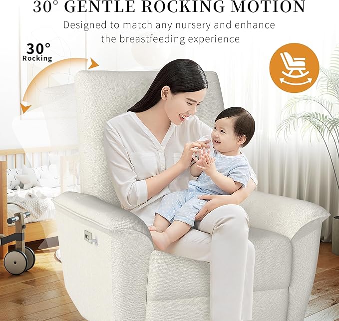 Power Swivel Rocker Recliner Chair for Nursery Upholstered Glider Rocking Chair with Phone HolderUSB Ports Small Recliners for Small Spaces Living Room Bedroom