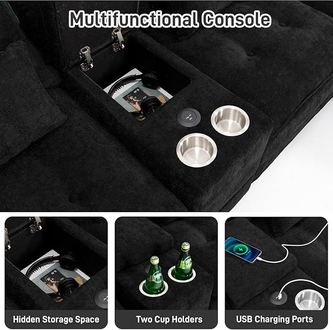 134U Shaped Sectional Couches for Living Room Oversized Modular Sectional Fluffy Couch with 2 Ottoman &amp Storage ConsoleModern 6 Seat Living Room Sofa with Glitter FabricTufted Buttons Black