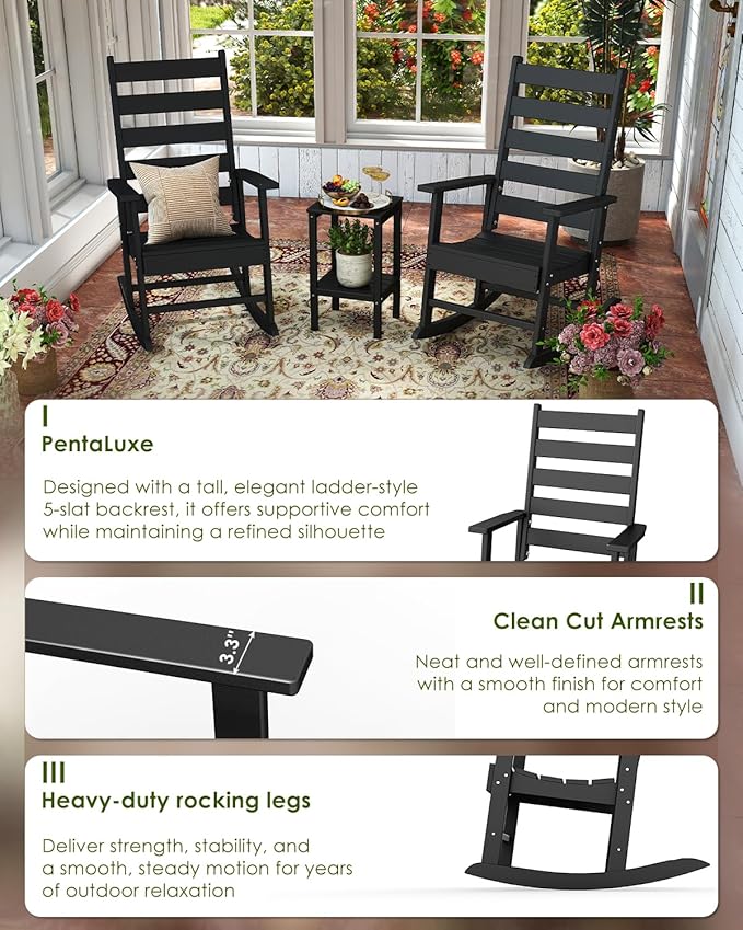 GREENVINES Outdoor-Rocking-Chair | HDPE Plastic | Patio Rockers | Porch Rocker Chairs | Shaker | Oversized | High Ladder Back | Big &amp Tall | PentaLuxe | Black