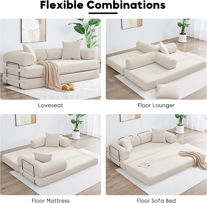 79 Inch Convertible Sleeper Sofa Bed 5 in-1 Boneless Floor Couch Bed with Fixed-Shape Frame Modular Floor Sofa Futon Couch for Living Room RV Studio Bedroom Small Spaces Green