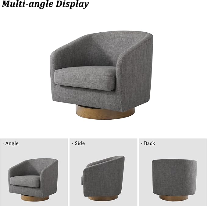 Swivel Barrel Chair Modern Round PU Leather Accent Armchair for Living Room Bedroom Oversized Comfy Club Reading Chairs for Adults (Fabric Grey Set of 1)