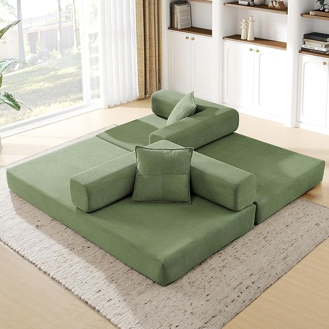 Convertible Folding Sofa Bed Corduroy Sleeper Mattress Couch with Fixed-Shape Frame Free Combination Loveseat Lounge Floor Sofa Queen Size Memory Foam Couch for Living Room Bedroom Dark Green