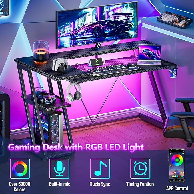 55 Inch Gaming Desk with Power Outlet &amp LED Lights L Shaped Gamer Computer Table with Storage Shelves for Bedroom Corner Home Office Desk Carbon Fiber Black