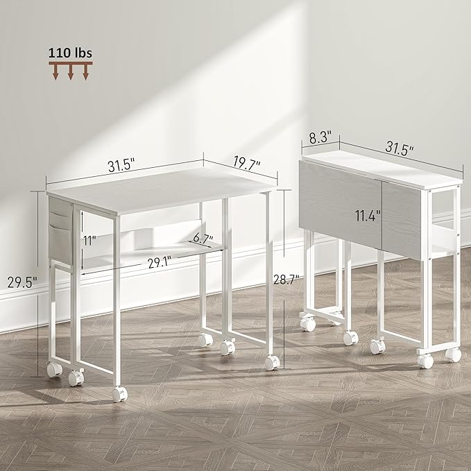 HOMCOM Small Folding Desk Rolling Computer Desk Foldable with Storage Bag and Shelf 31.5 Portable Writing Table on Wheels for Small Spaces Home Office Study Easy Assembly White