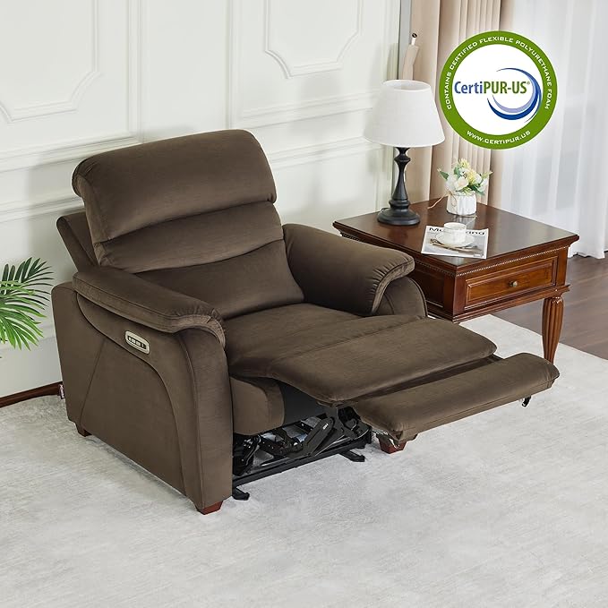 MCombo Power Zero Wall Hugger Recliner Chair for Small Space RV Living Room Power Recliner with Adjustable Headrest USB &amp USB-C Charging Ports Fabric ST257 (Coffee)